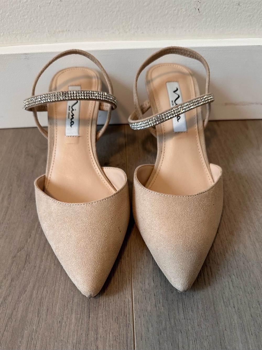 Nina Nude Pointed Toe Slingbacks with Rhinestone Straps